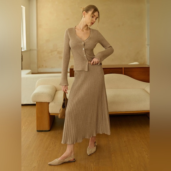 Commense Textured Knit Cardigan and Midi Skirt Set - Picture 5 of 14